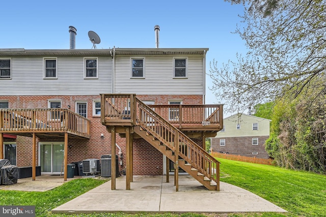 3646 Double Rock Ln, Baltimore, MD 21234 - back of property featuring a deck, a patio area, stairway, brick siding, and a yard