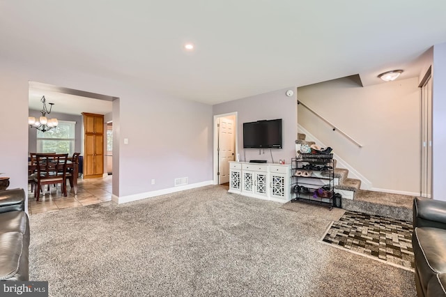3646 Double Rock Ln, Baltimore, MD 21234 - living area with visible vents, stairs, baseboards, a chandelier, and carpet