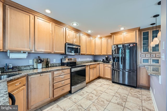 3646 Double Rock Ln, Baltimore, MD 21234 - kitchen featuring light brown cabinetry, appliances with stainless steel finishes, dark stone countertops, and a sink