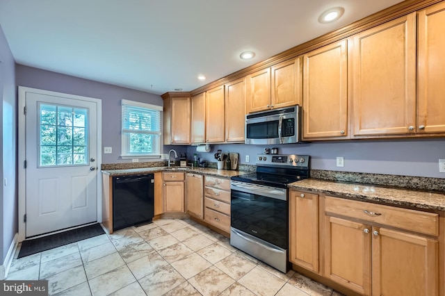 3646 Double Rock Ln, Baltimore, MD 21234 - kitchen featuring light brown cabinets, recessed lighting, dark stone counters, a sink, and stainless steel appliances