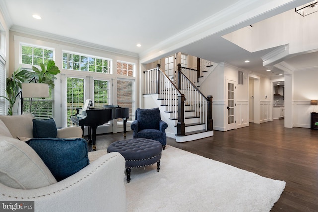 living room with ornamental molding, stairway, dark wood finished floors, french doors, and recessed lighting