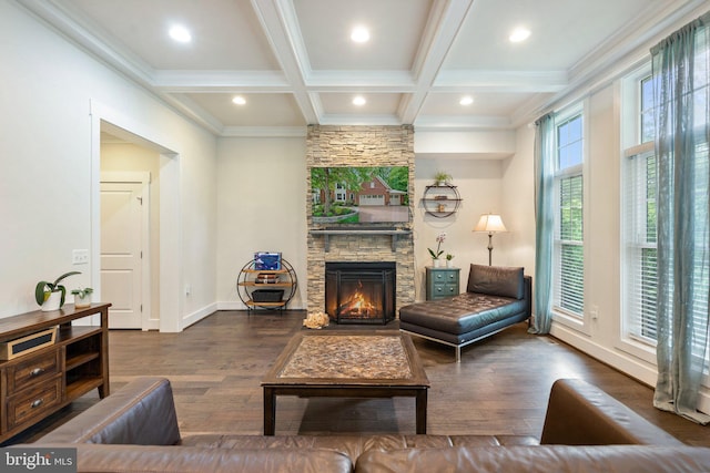 living area featuring beamed ceiling, wood finished floors, a fireplace, coffered ceiling, and crown molding
