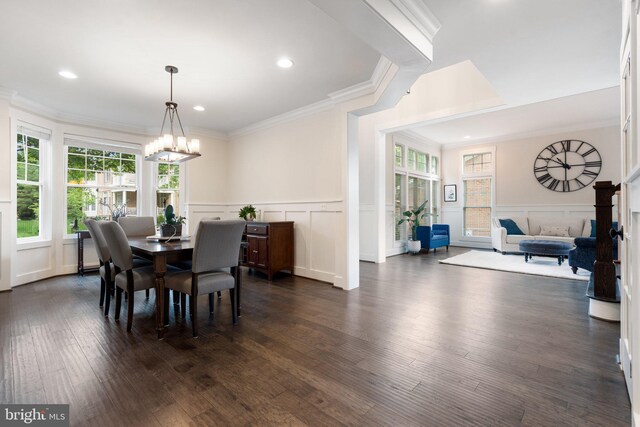 dining space with a decorative wall, a chandelier, crown molding, plenty of natural light, and dark wood-style floors