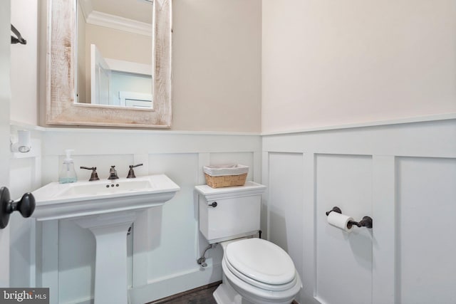 half bath with toilet, a wainscoted wall, a decorative wall, and a sink