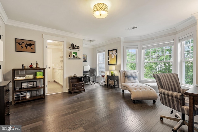 living area featuring dark wood-style flooring and crown molding