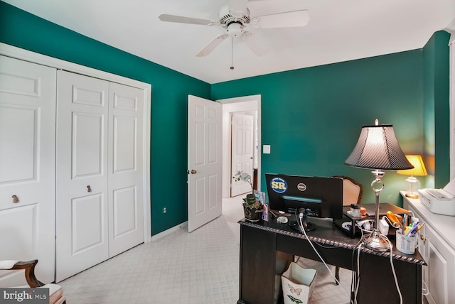 home office with a ceiling fan