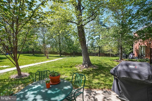view of yard featuring a fenced backyard, outdoor dining space, and a patio area