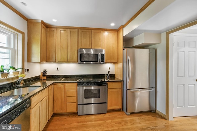 kitchen featuring light wood-style floors, a sink, recessed lighting, and stainless steel appliances