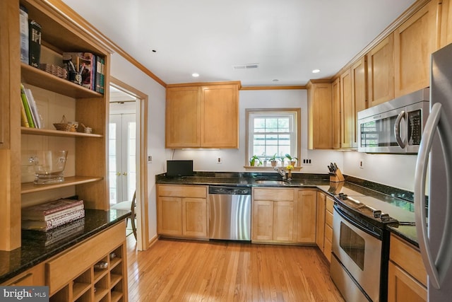 kitchen with visible vents, open shelves, crown molding, and stainless steel appliances