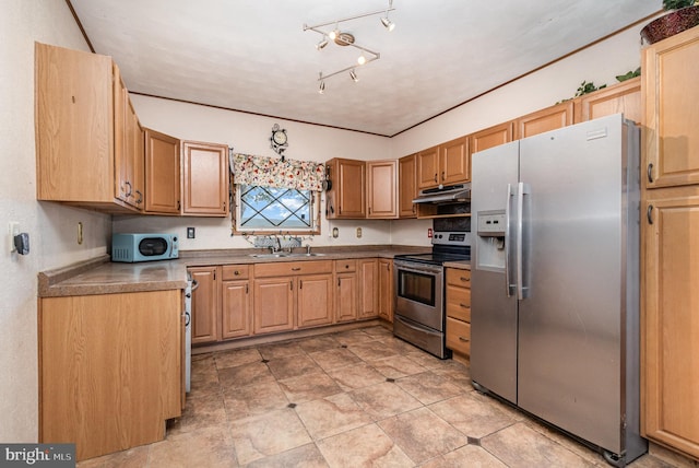 kitchen featuring a sink, stainless steel appliances, and under cabinet range hood