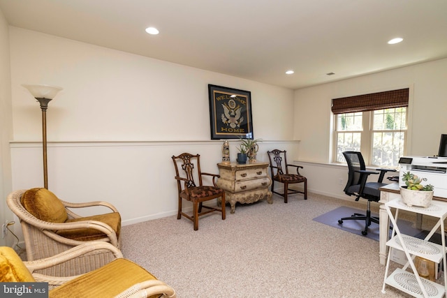 carpeted office featuring recessed lighting and baseboards