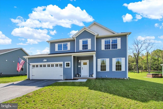 traditional home with a front lawn and driveway
