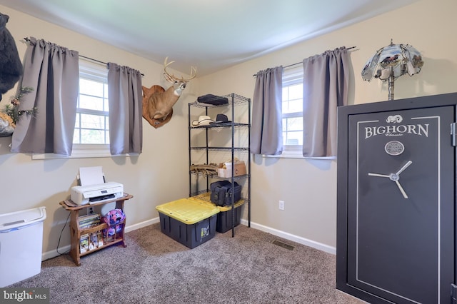 rec room with baseboards, visible vents, carpet, and a wealth of natural light