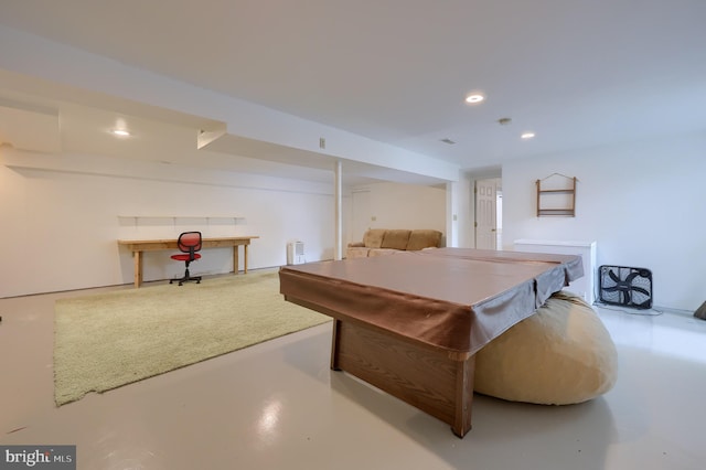recreation room with recessed lighting, pool table, and finished concrete flooring