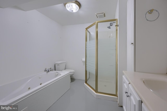bathroom featuring vanity, toilet, visible vents, and a stall shower