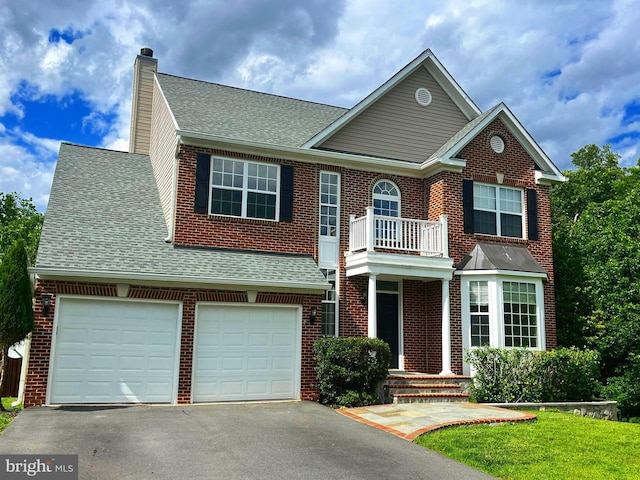 georgian-style home with a chimney, asphalt driveway, brick siding, and roof with shingles