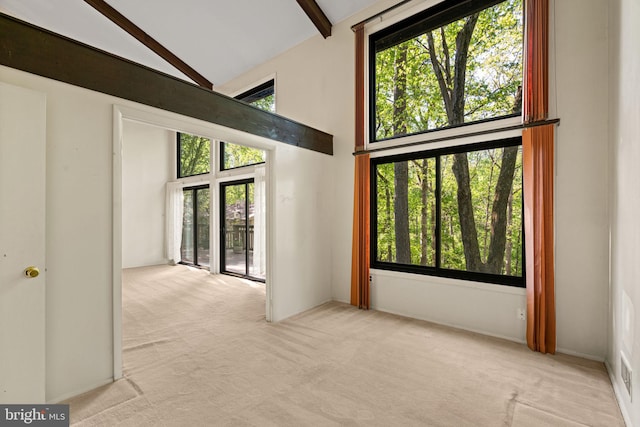 empty room with carpet floors, beam ceiling, a wealth of natural light, and high vaulted ceiling