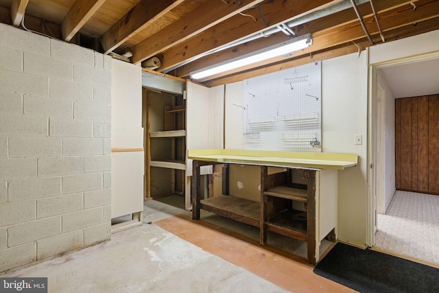 unfinished basement featuring a workshop area