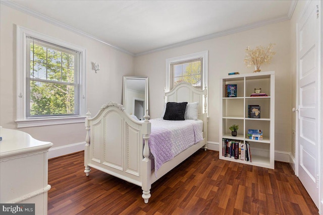 bedroom featuring baseboards, multiple windows, ornamental molding, and dark wood-type flooring