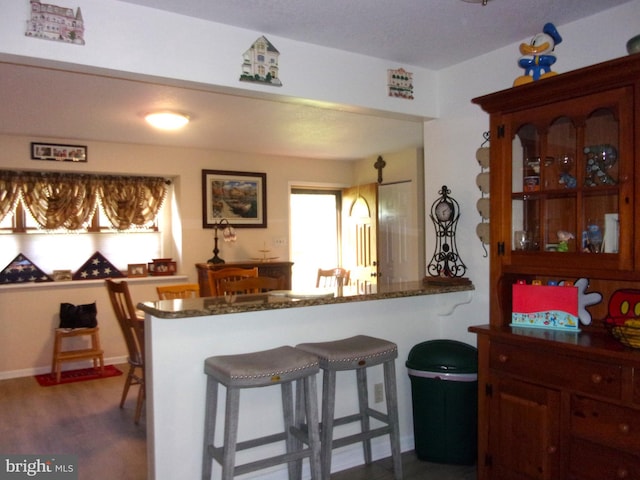 kitchen featuring a breakfast bar area, dark wood finished floors, and plenty of natural light