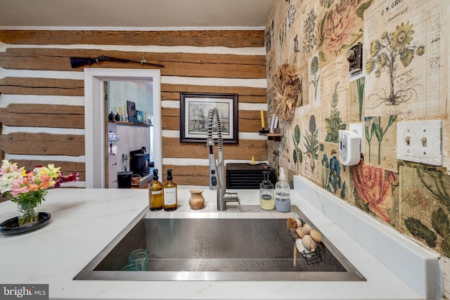 3909 Stoney Creek Rd, Edinburg, VA 22824 - kitchen view of a sink and wood walls