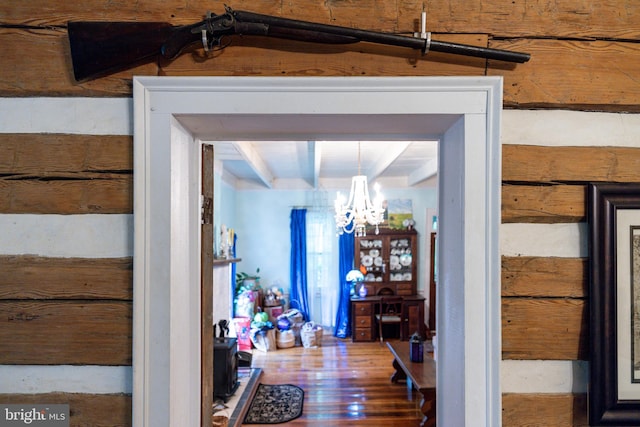 3909 Stoney Creek Rd, Edinburg, VA 22824 - hall featuring beamed ceiling, a chandelier, and wood finished floors