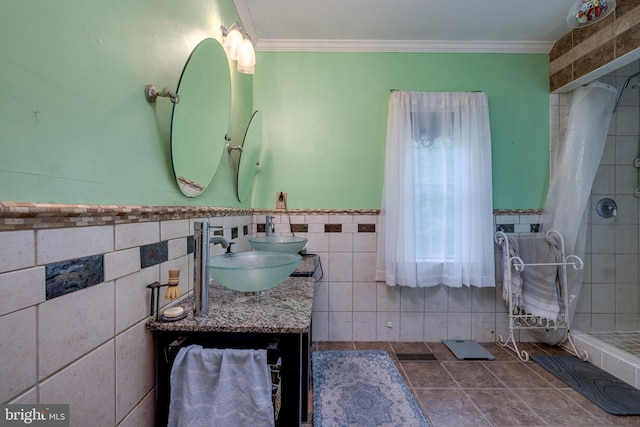3909 Stoney Creek Rd, Edinburg, VA 22824 - full bath featuring tile walls, a shower stall, wainscoting, tile patterned flooring, and vanity