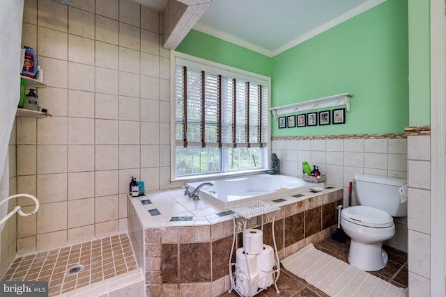3909 Stoney Creek Rd, Edinburg, VA 22824 - full bath with ornamental molding, a bath, toilet, and tile walls