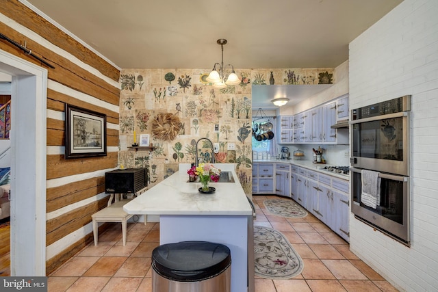 3909 Stoney Creek Rd, Edinburg, VA 22824 - kitchen featuring a sink, double oven, light countertops, a peninsula, and light tile patterned floors