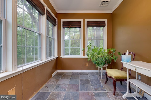 3909 Stoney Creek Rd, Edinburg, VA 22824 - sunroom featuring stone finish floors, baseboards, and ornamental molding