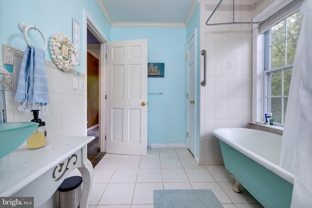 3909 Stoney Creek Rd, Edinburg, VA 22824 - full bath with tile walls, ornamental molding, tile patterned floors, a freestanding bath, and a shower