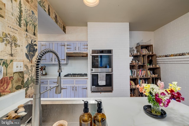 3909 Stoney Creek Rd, Edinburg, VA 22824 - kitchen with appliances with stainless steel finishes, under cabinet range hood, a sink, and a fireplace