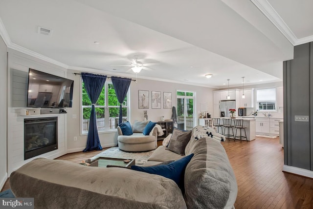 living area featuring crown molding, hardwood / wood-style flooring, plenty of natural light, a ceiling fan, and a glass covered fireplace