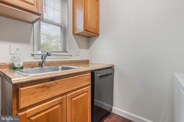 2512 Kent Village Dr, Landover, MD 20785 - kitchen featuring dishwasher, a sink, dark wood finished floors, baseboards, and light countertops