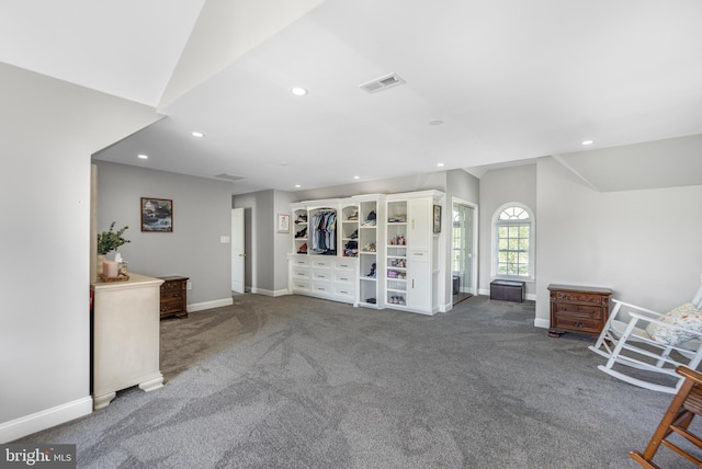living area with baseboards, recessed lighting, carpet floors, and vaulted ceiling