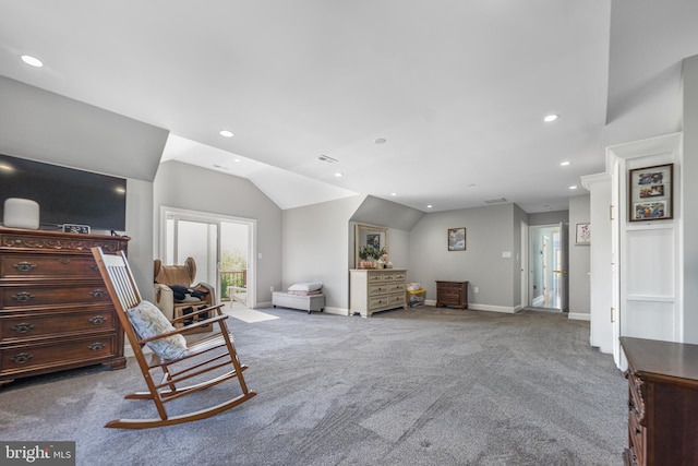 sitting room featuring vaulted ceiling, carpet flooring, recessed lighting, and baseboards