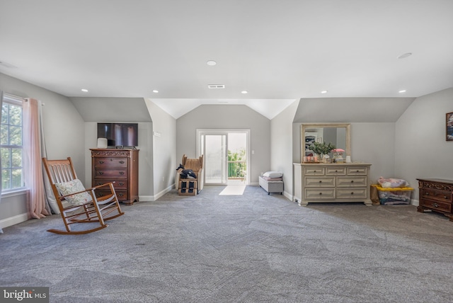 living area with lofted ceiling, carpet floors, baseboards, and recessed lighting