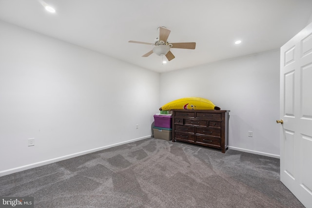 bedroom featuring carpet, recessed lighting, baseboards, and ceiling fan