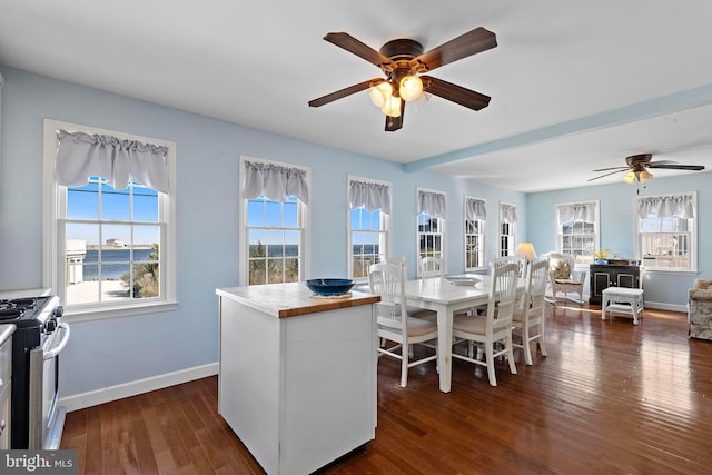 dining room featuring a ceiling fan, dark wood finished floors, and plenty of natural light