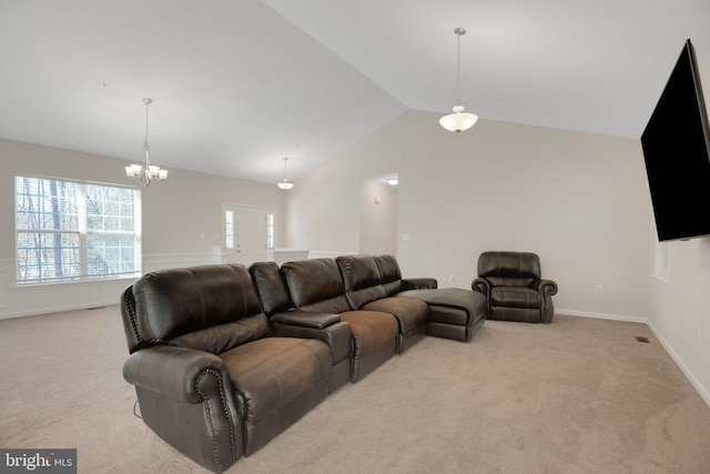7438 Wildseed Pl, Hughesville, MD 20637 - carpeted living area featuring baseboards, lofted ceiling, and a notable chandelier