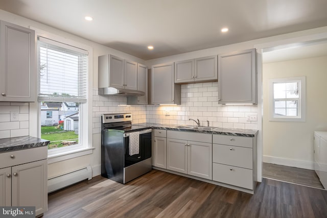 kitchen with stainless steel range with electric cooktop, gray cabinets, a sink, and baseboard heating