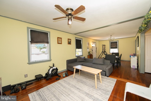 43 Churchill Rd, Cherry Hill, NJ 08034 - living room featuring a healthy amount of sunlight, baseboards, ceiling fan with notable chandelier, and wood finished floors