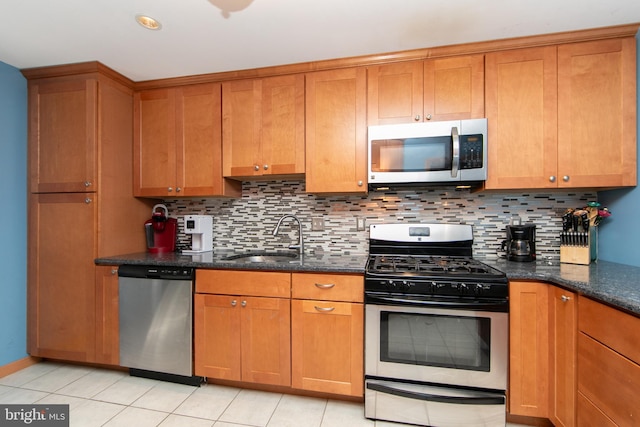 43 Churchill Rd, Cherry Hill, NJ 08034 - kitchen with a sink, decorative backsplash, stainless steel appliances, and brown cabinets