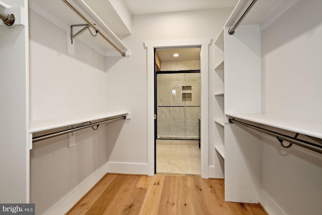 walk in closet with light wood finished floors