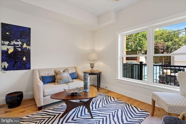 sitting room with baseboards and wood finished floors