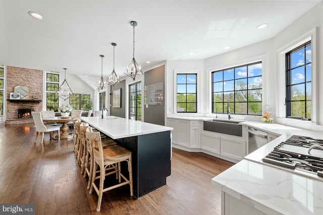 kitchen featuring a sink, stainless steel appliances, a stone fireplace, and a wealth of natural light