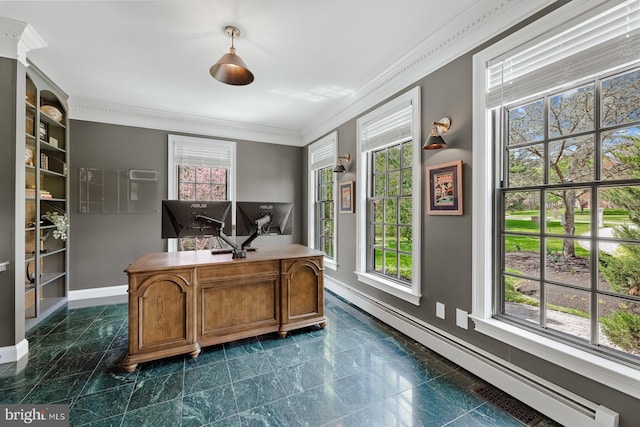 office with baseboards, plenty of natural light, baseboard heating, and ornamental molding