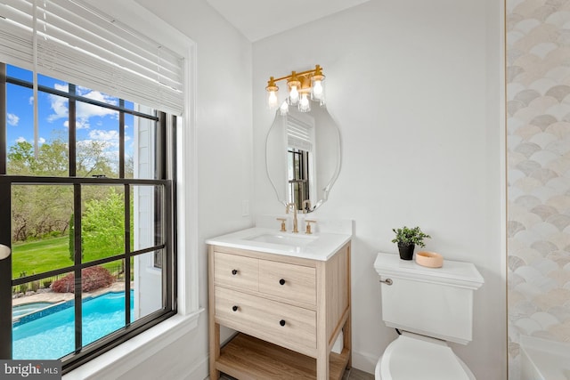 bathroom featuring vanity, wood finished floors, and toilet
