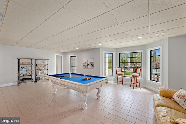 game room with tile patterned flooring, baseboards, a drop ceiling, recessed lighting, and billiards
