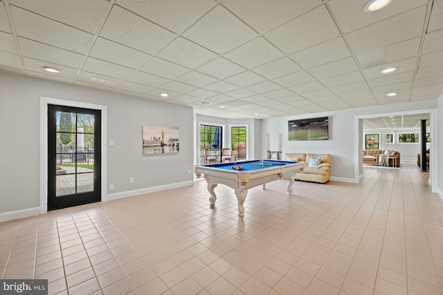 recreation room featuring a paneled ceiling, pool table, light tile patterned floors, baseboards, and recessed lighting